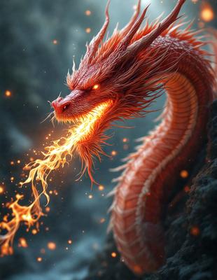 The primary subject of the image is a dragon with a fiery mouth, which appears to be a digital art or illustration. The dragon is situated on a rocky surface, with a dark background. The visual style of the image suggests that it is a creative and imaginative piece, possibly inspired by fantasy or mythology. The dominant colors in the image are red and orange, which contribute to the fiery and intense atmosphere of the scene.